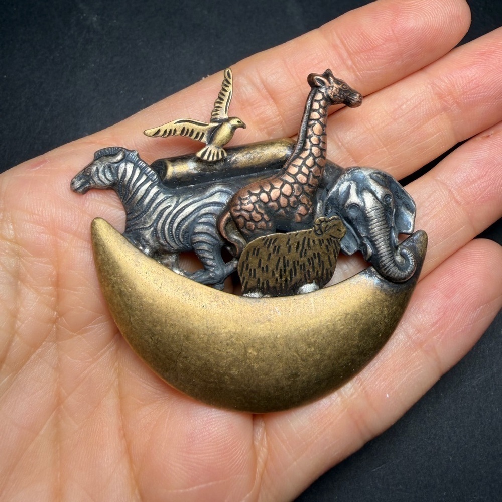 Vintage Mixed Metal Noah's Ark Animal Brooch Pin